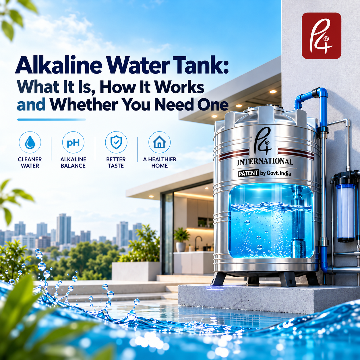 Silver P4 International alkaline technology water tank on a rooftop