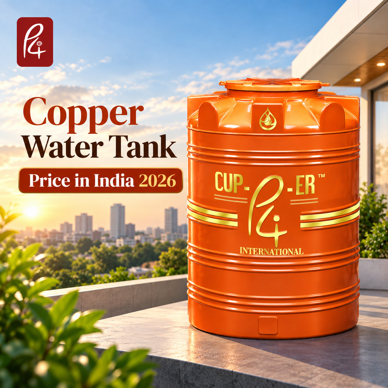 P4 International Copper Technology water tank installed on a rooftop