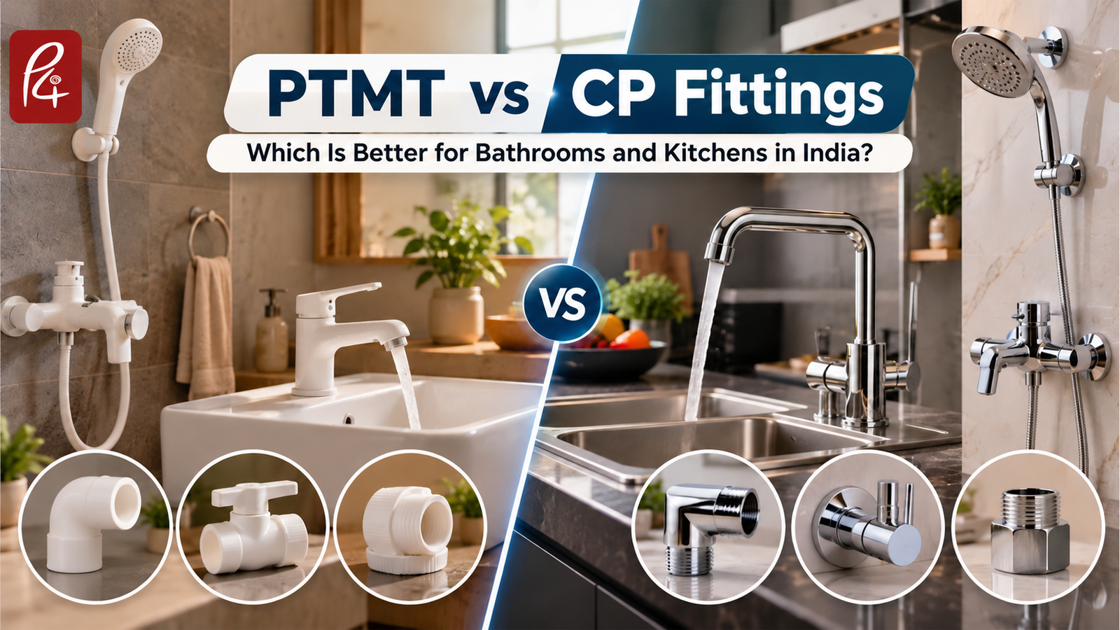 P4 PTMT bib cock and CP wall mixer in a bathroom